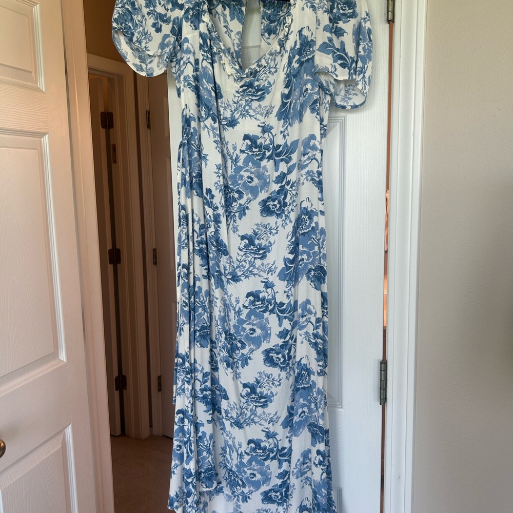 Reformation Blue and White Puff Sleeve Maxi Dress